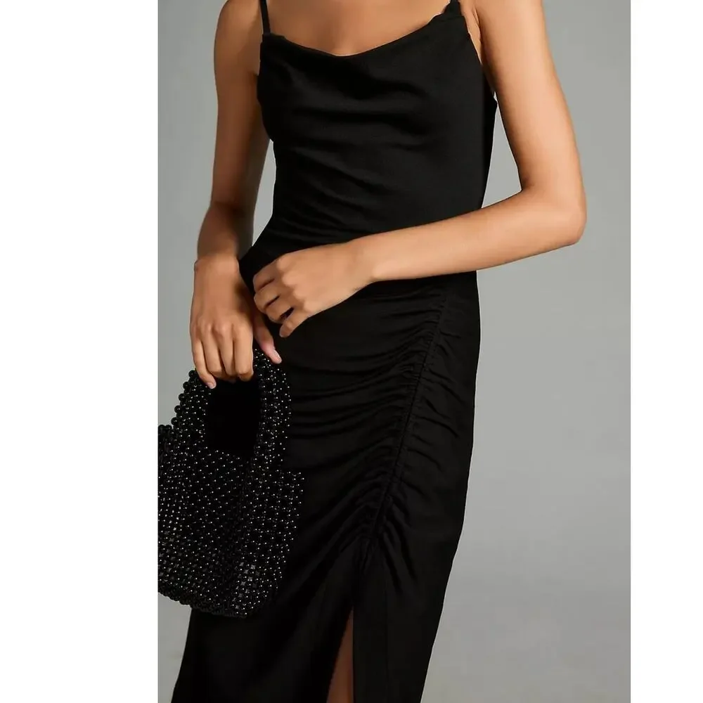 NWT By Anthropologie Cowl-Neck Ruched Dress $160 X-SMALL Black Asymmetrical - Picture 2 of 5